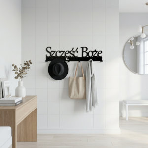 Metalowy wieszak na ubrania Szczęść Boże do przedpokoju