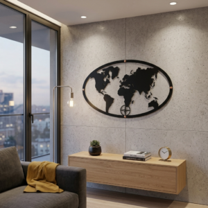 Nowoczesna Metalowa owalna mapa świata