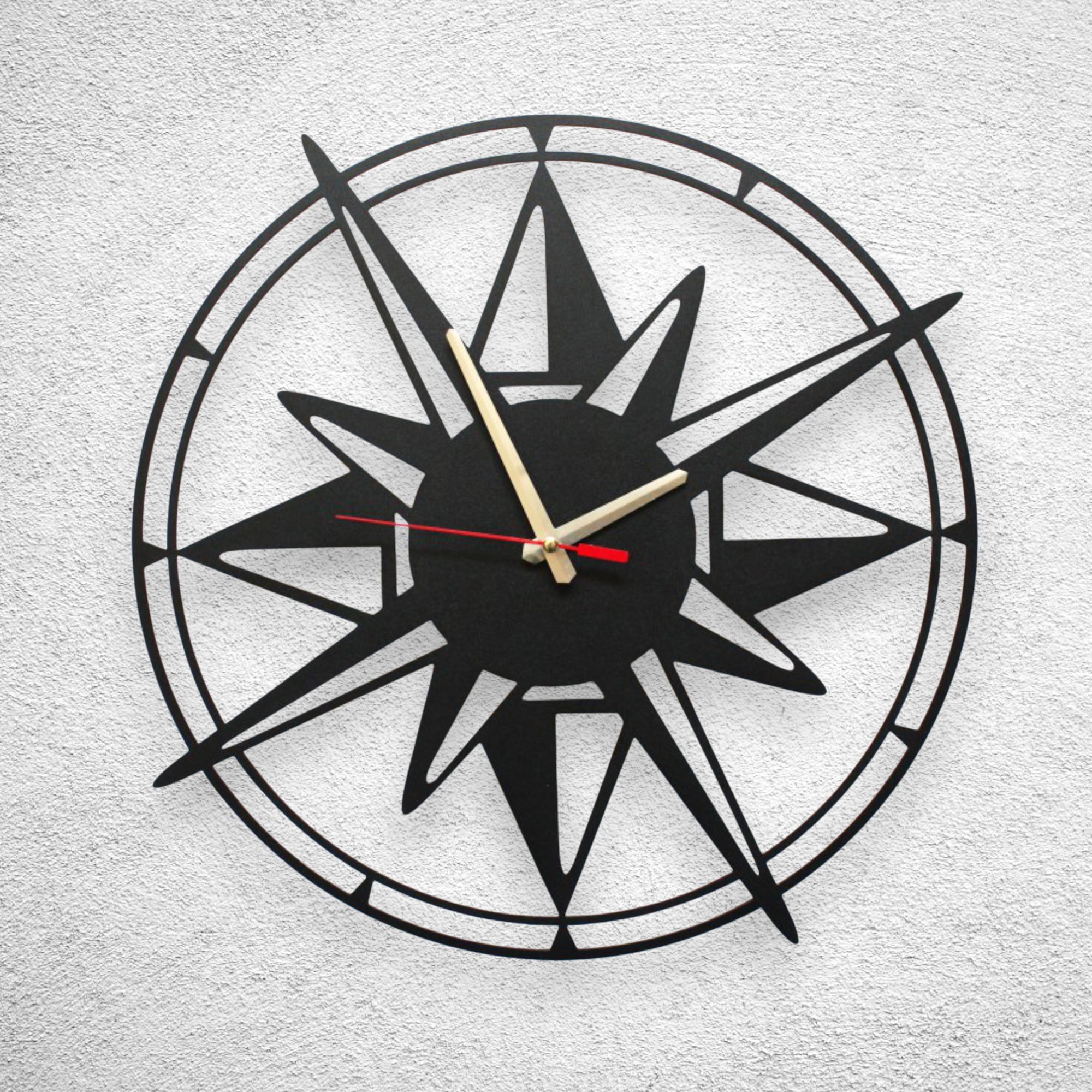 Czarny Zegar ścienny Róża wiatrów