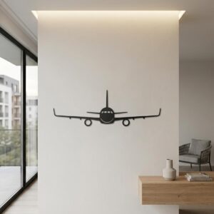 Czarna stalowa dekoracja ścienna Airbus A320 na białej ścianie pod ciepłym światłem LED z cieniem 3D
