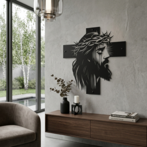 Czarny Metalowy krzyż Pan Jezus na ścianie