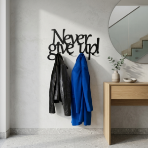 Never give up metalowy wieszak ścienny do przedpokoju