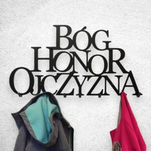Czarny metalowy wieszak do przedpokoju Bóg Honor Ojczyzna