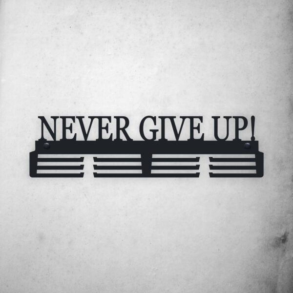 Czarny Wieszak na medale Never give up