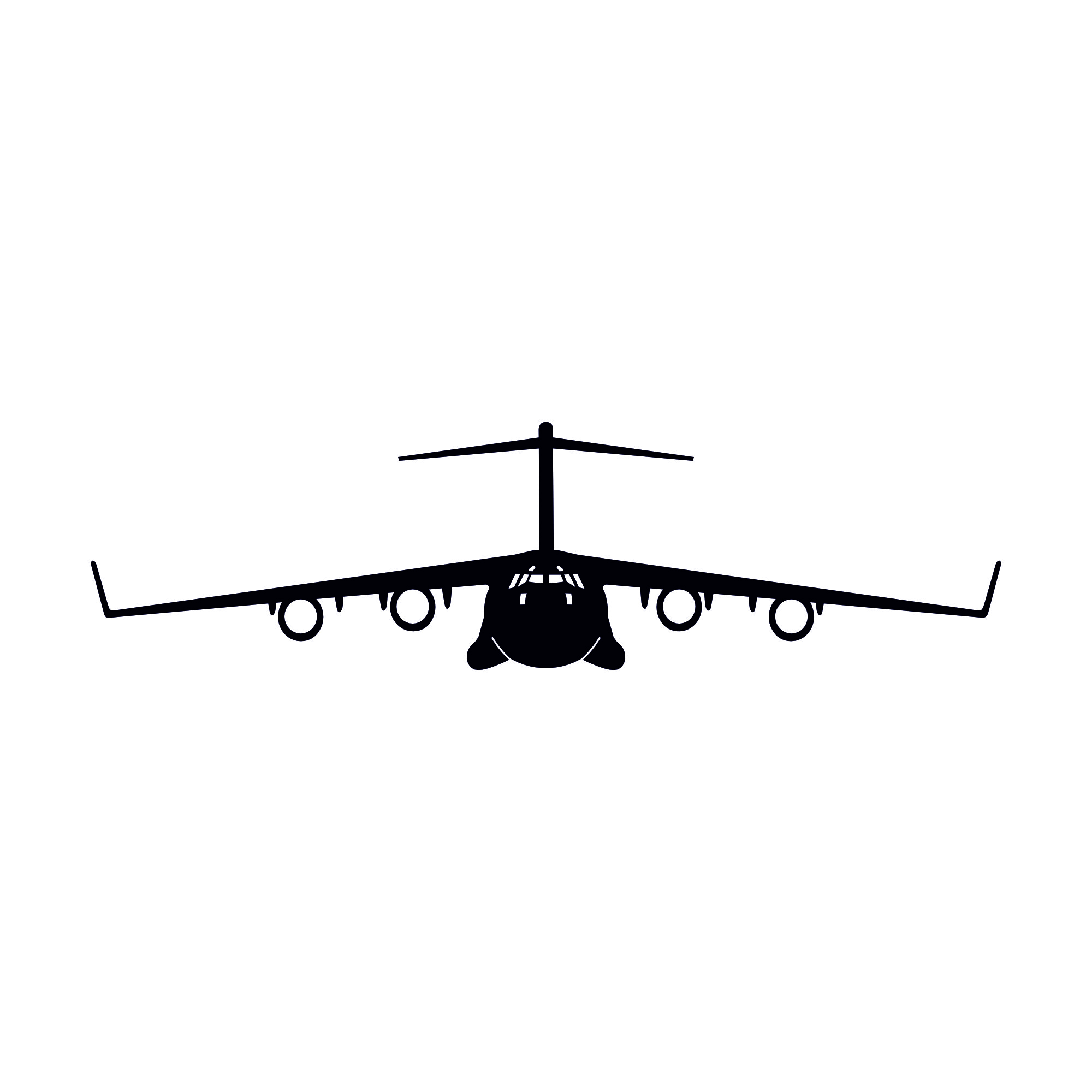 Czarna stalowa dekoracja na ścianę w kształcie wojskowego samolotu Boeing C-17 Globemaster na białym tle