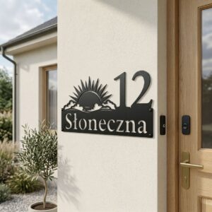 Zbliżenie na czarny, wycinany laserowo numer na dom z nazwą ulicy i ozdobnym motywem słońca z promieniami.
