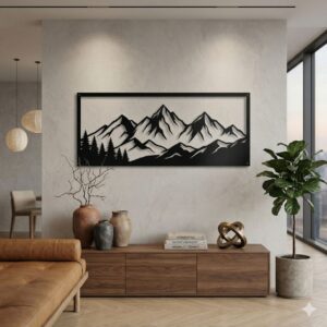 Wycinany laserowo, metalowy obraz z motywem górskich szczytów i drzew, zamontowany na ścianie w stylowo urządzonym pomieszczeniu.
