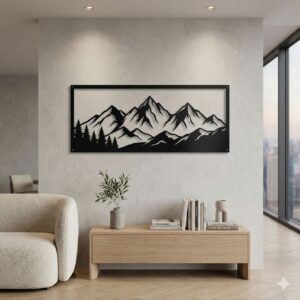 Czarny, wycinany z metalu obraz przedstawiający pasmo górskie i las, zawieszony na jasnej ścianie w eleganckim, nowoczesnym salonie.