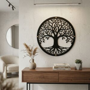 Metalowa ozdoba na ścianę w kształcie drzewa z korzeniami, wisząca nad komodą w minimalistycznym pokoju z białym fotelem w tle.