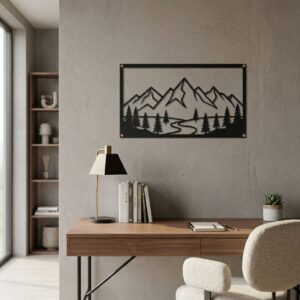 Wycinany z metalu obraz z motywem gór, drzew i krętej ścieżki, zamontowany na szarej, betonowej ścianie nad drewnianym biurkiem w nowoczesnym gabinecie.