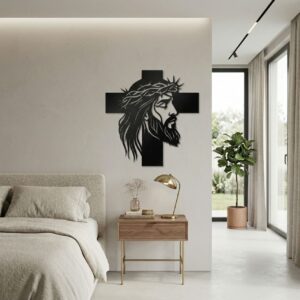 Metalowy krzyż ścienny z wizerunkiem twarzy Jezusa, nowoczesna dekoracja, wykończenie czarny półmat