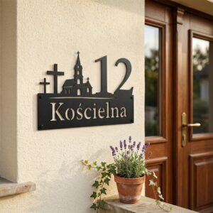 Malowana proszkowo tabliczka wycinana laserowo z sylwetką kościoła i nazwą ulicy Kościelna, zawieszona przy eleganckich drzwiach.