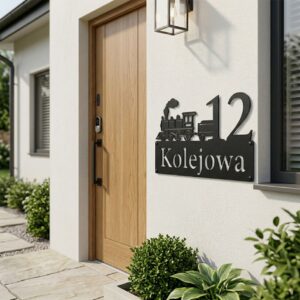 Metalowa tabliczka adresowa z wyciętym pociągiem, numerem 12 i nazwą ulicy Kolejowa na ścianie obok nowoczesnych drewnianych drzwi.