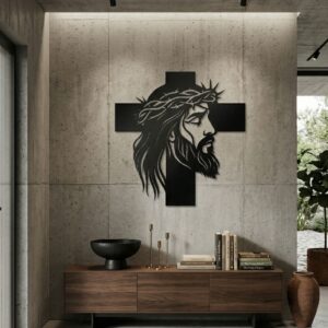 Czarny metalowy krzyż z Jezusem zawieszony na betonowej ścianie nad drewnianą komodą w nowoczesnym salonie