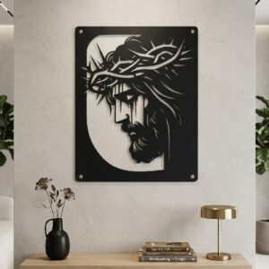 Metalowy obraz ścienny przedstawiający profil Jezusa w koronie cierniowej, wykończenie czarny półmat