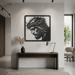 Metalowy obraz ścienny w kwadratowej ramie przedstawiający oblicze Jezusa, wykończenie czarny półmat