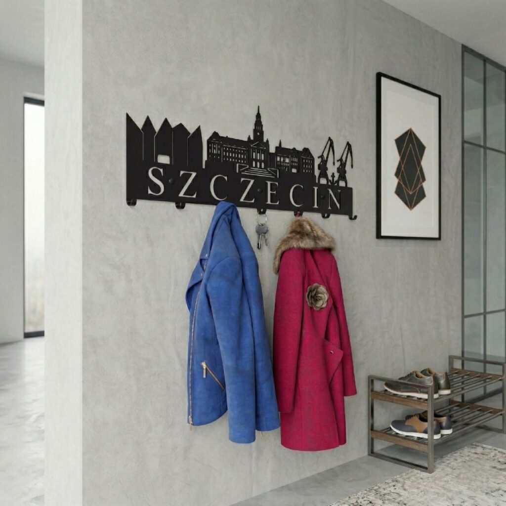 Designerski metalowy wieszak ścienny do nowoczesnego przedpokoju