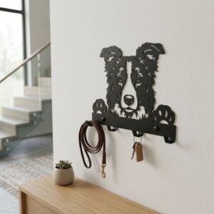 Designerski wieszak ścienny z metalu przedstawiający psa rasy Border Collie i psie łapki, wykończony w czarnym macie.