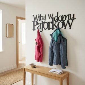 Solidny wieszak metalowy z Twoim nazwiskiem zamontowany w nowoczesnym przedpokoju.