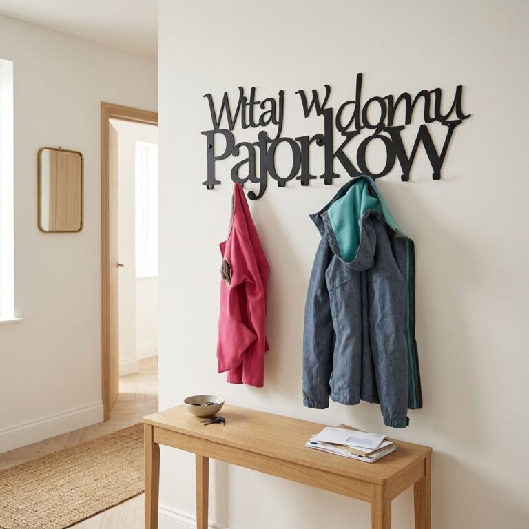 Solidny wieszak metalowy z Twoim nazwiskiem zamontowany w nowoczesnym przedpokoju.