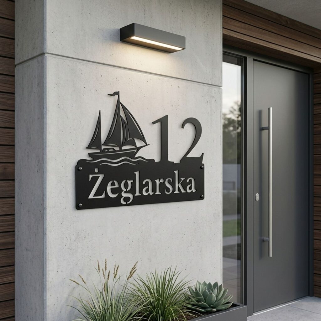 Nowoczesna metalowa tabliczka adresowa z numerem domu 12 i ulicą Żeglarską na betonowej elewacji.