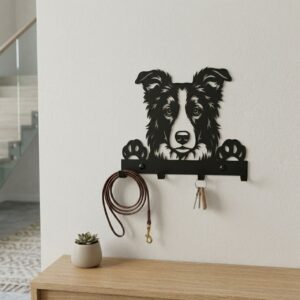 Nowoczesny czarny wieszak metalowy do przedpokoju z motywem psa Border Collie, wiszący nad drewnianą komodą ze smyczą i kluczami.