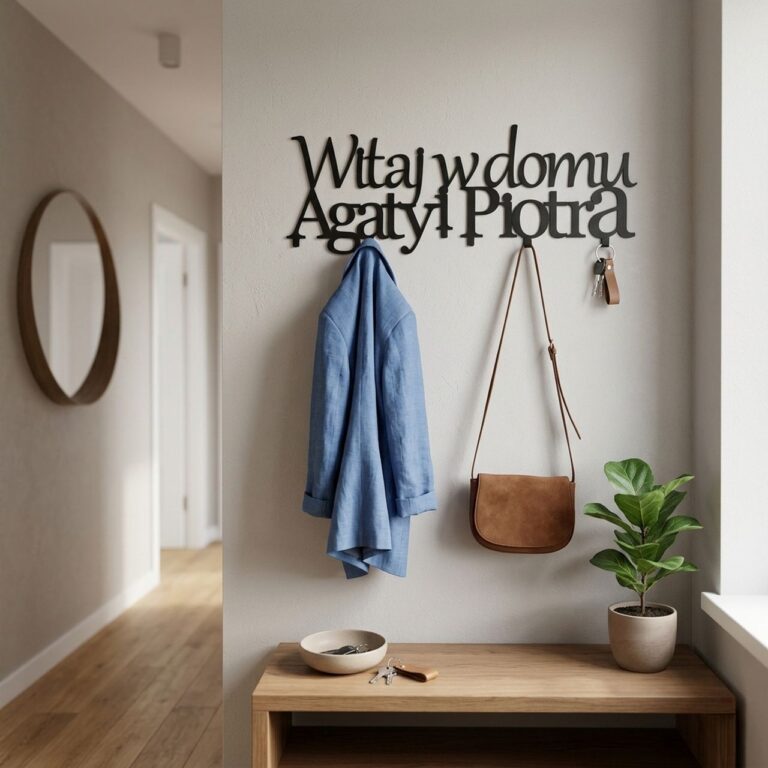 Czarny metalowy wieszak ścienny Witaj w domu z Twoim nazwiskiem w jasnym przedpokoju.
