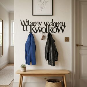 Loftowy wieszak na ubrania z metalu z nazwiskiem, powieszony na białej ścianie obok drewnianej ławy.