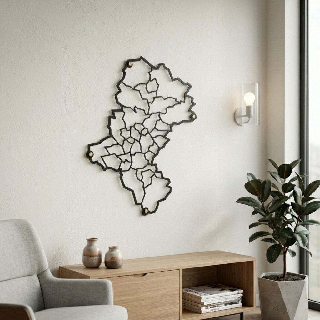 Czarna ażurowa mapa województwa śląskiego z podziałem na powiaty zawieszona nad drewnianą szafką w jasnym salonie.