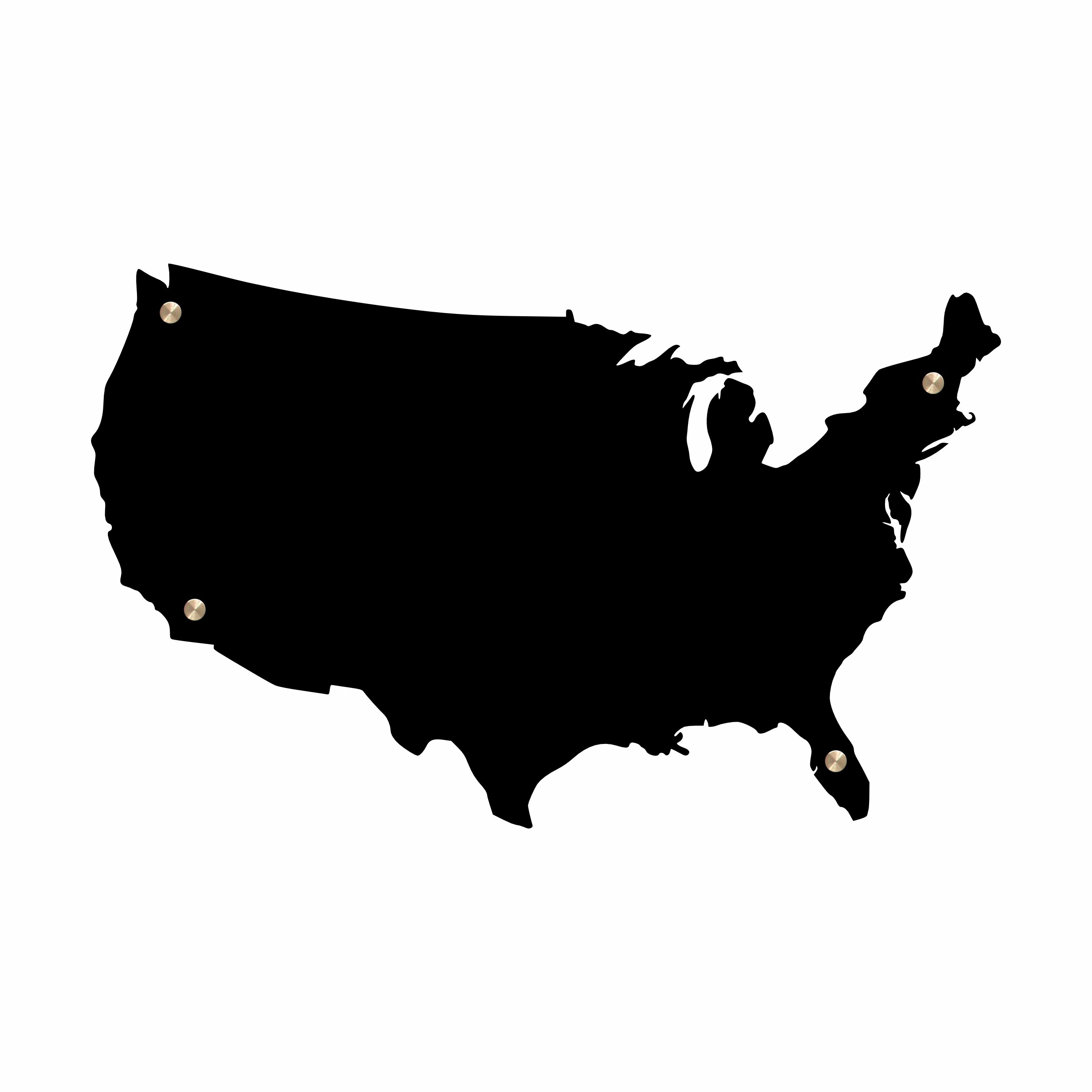 Magnetyczna mapa USA wycinana laserowo CNC z blachy stalowej, widoczne punkty montażowe dystansów.