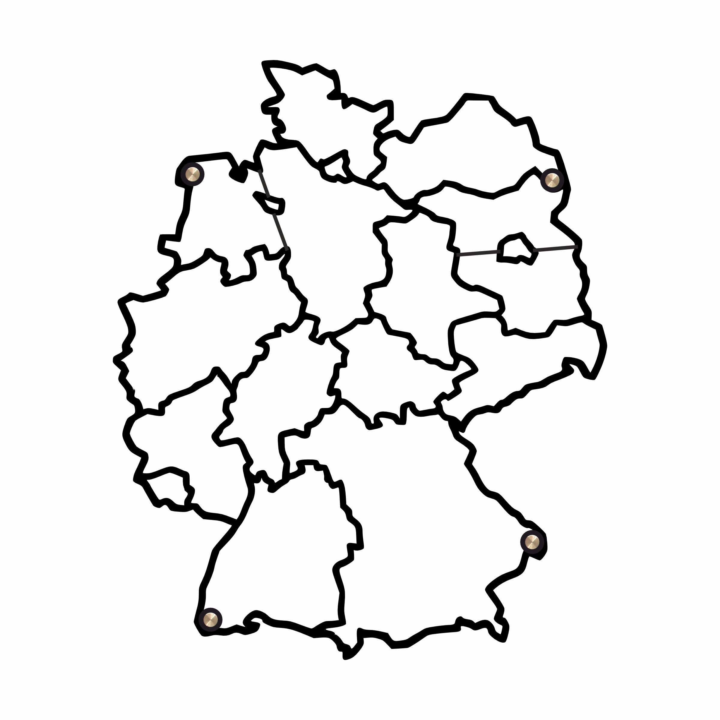 Klasyczna ażurowa mapa Niemiec z landami wycinana laserowo ze stali, lakier czarny mat, widoczne punkty montażowe.