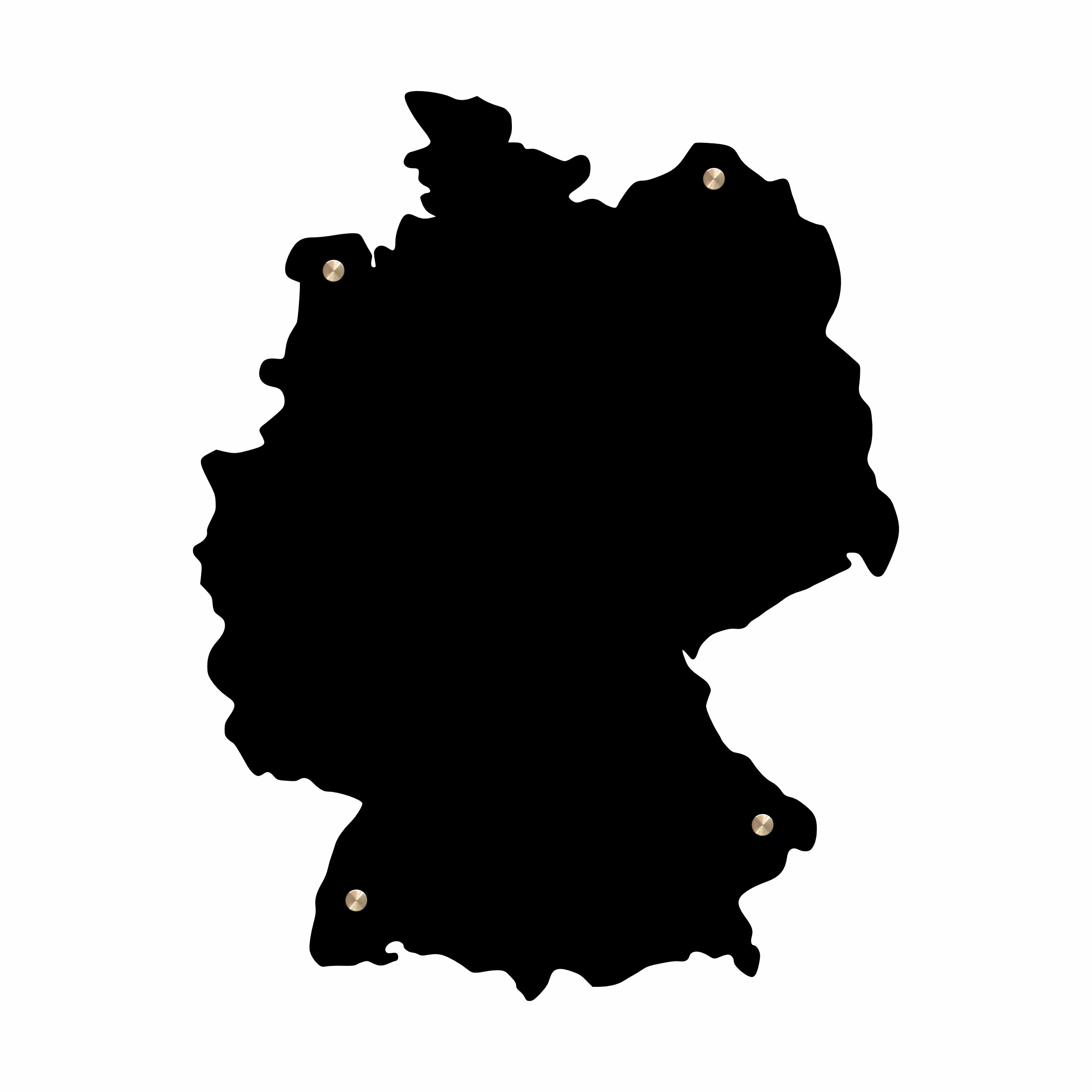 Czarna metalowa mapa Niemiec wycinana laserowo CNC, widoczne aluminiowe punkty montażowe dystansów na białym tle.