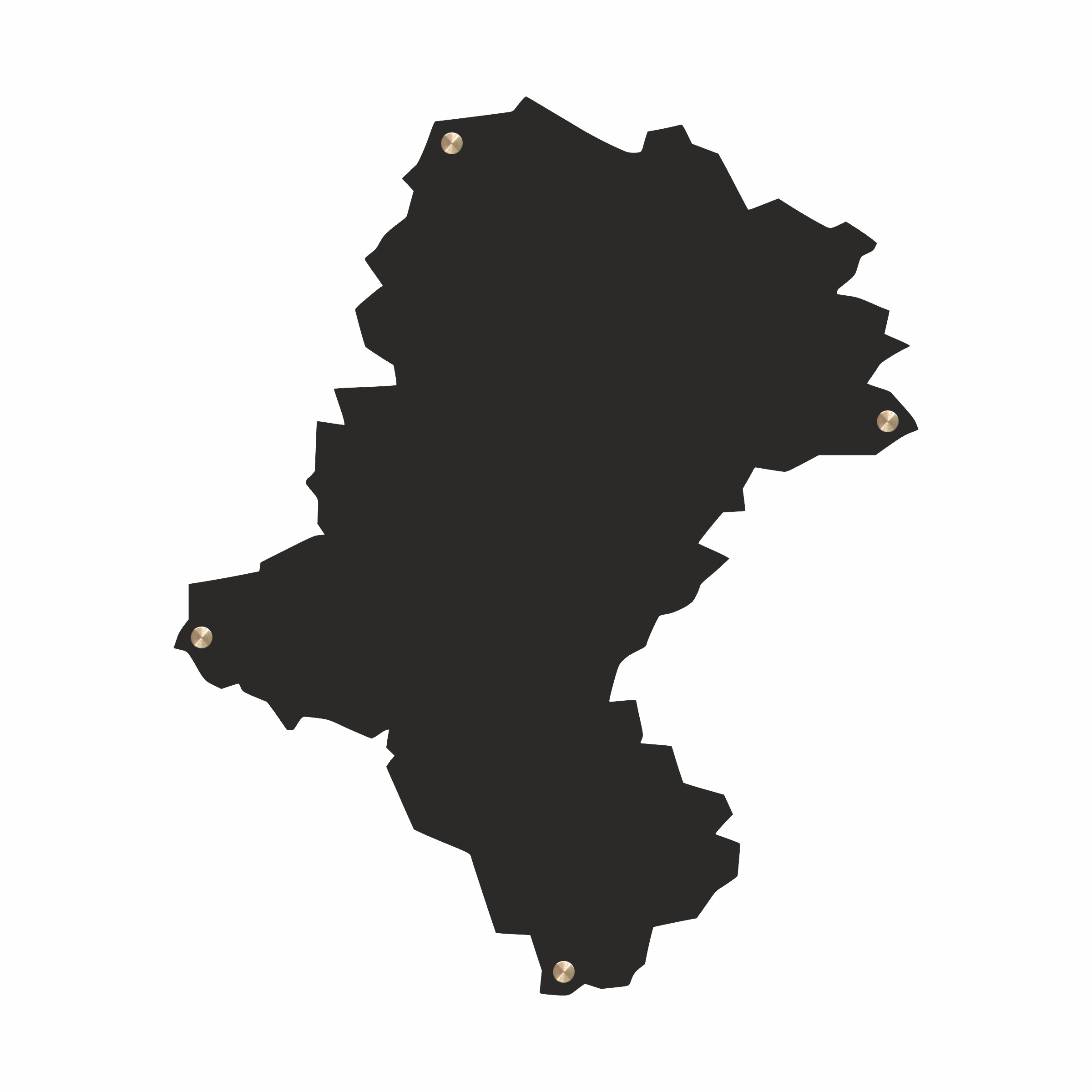 Czarna metalowa mapa województwa śląskiego z pełnym konturem, wycinana laserem CNC, z widocznymi punktami montażowymi dystansów.