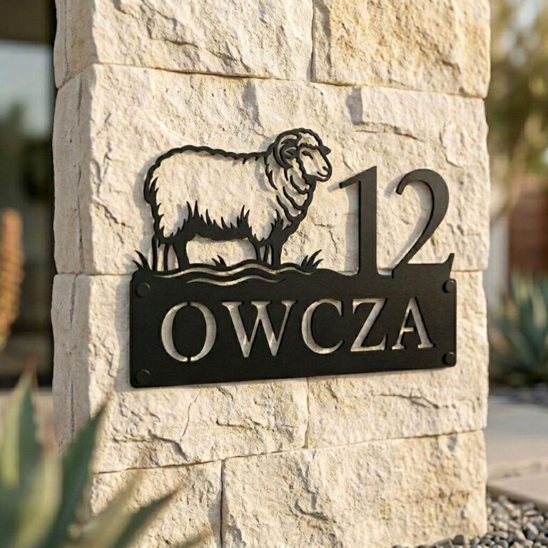 Czarna metalowa tabliczka adresowa z wyciętym laserowo motywem owcy na trawie oraz adresem ulica Owcza 12, zamontowana na elewacji z jasnego kamienia dekoracyjnego.