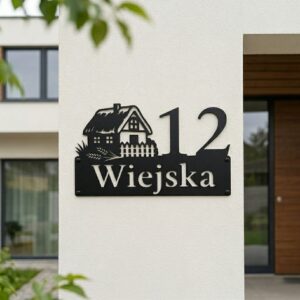 Czarna metalowa tabliczka adresowa z wyciętym motywem wiejskiej chaty, płotka i adresem ulica Wiejska 12, zamontowana na nowoczesnej, jasnej elewacji budynku.