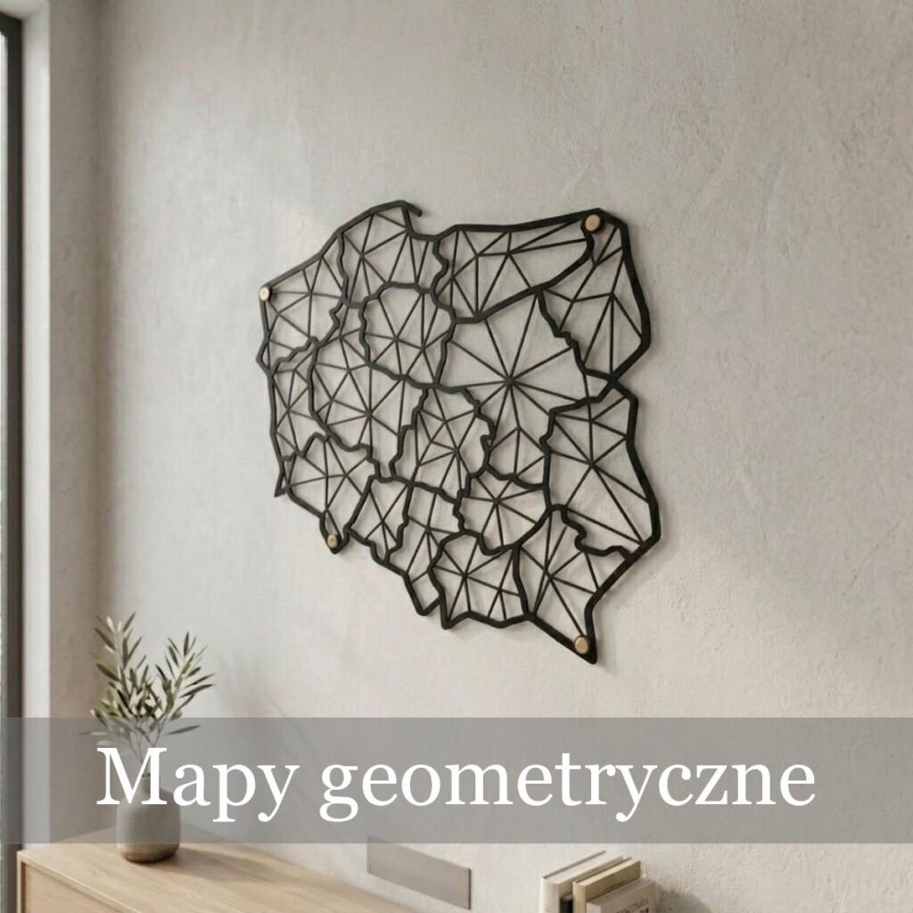 Nowoczesna metalowa mapa Polski o strukturze geometrycznej, wycięta laserowo i zamontowana na jasnej ścianie loftowej.