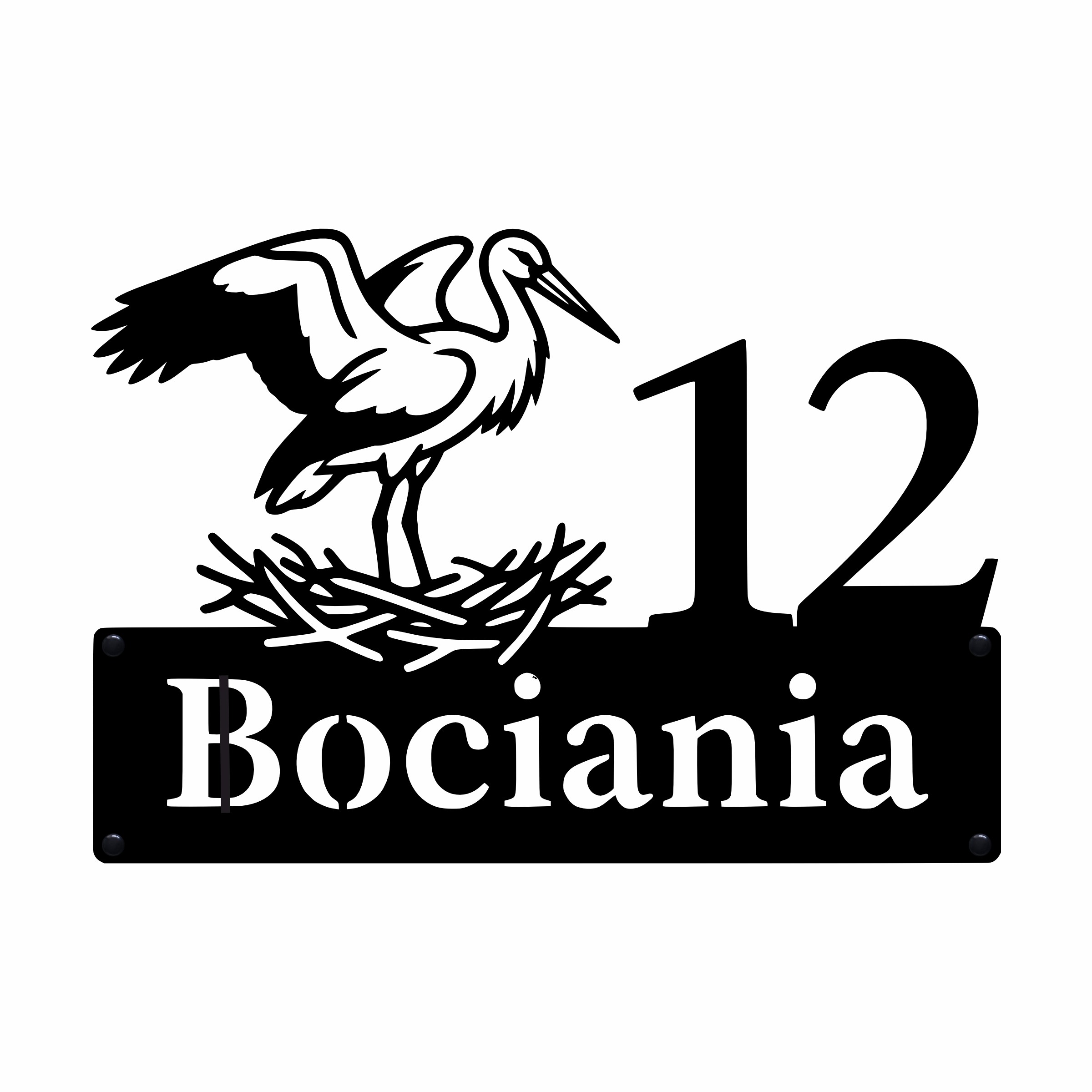 Metalowa tabliczka z numerem domu i nazwą ulicy Bociania, wycięta laserowo ze stali, czarny mat.