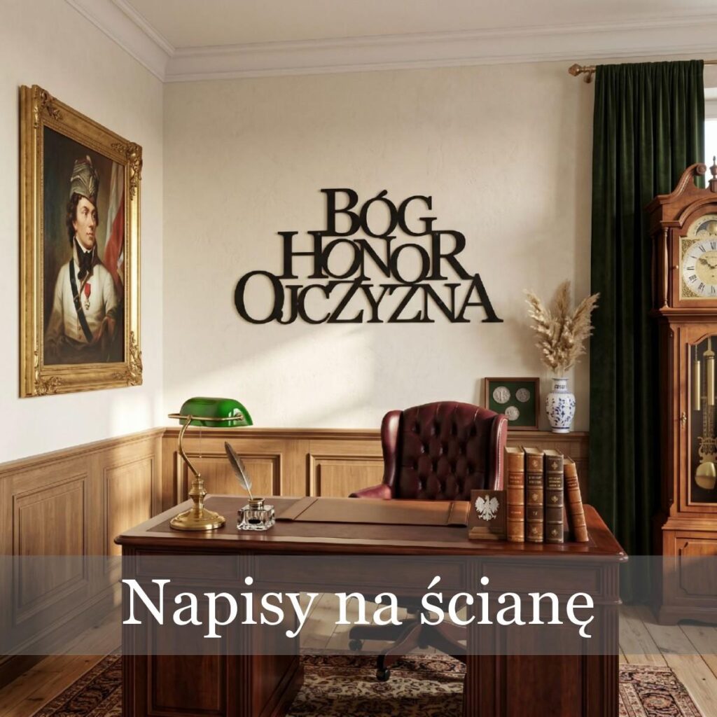 Czarny metalowy napis Bóg Honor Ojczyzna wycięty laserowo ze stali, zawieszony w klasycznym gabinecie nad biurkiem.