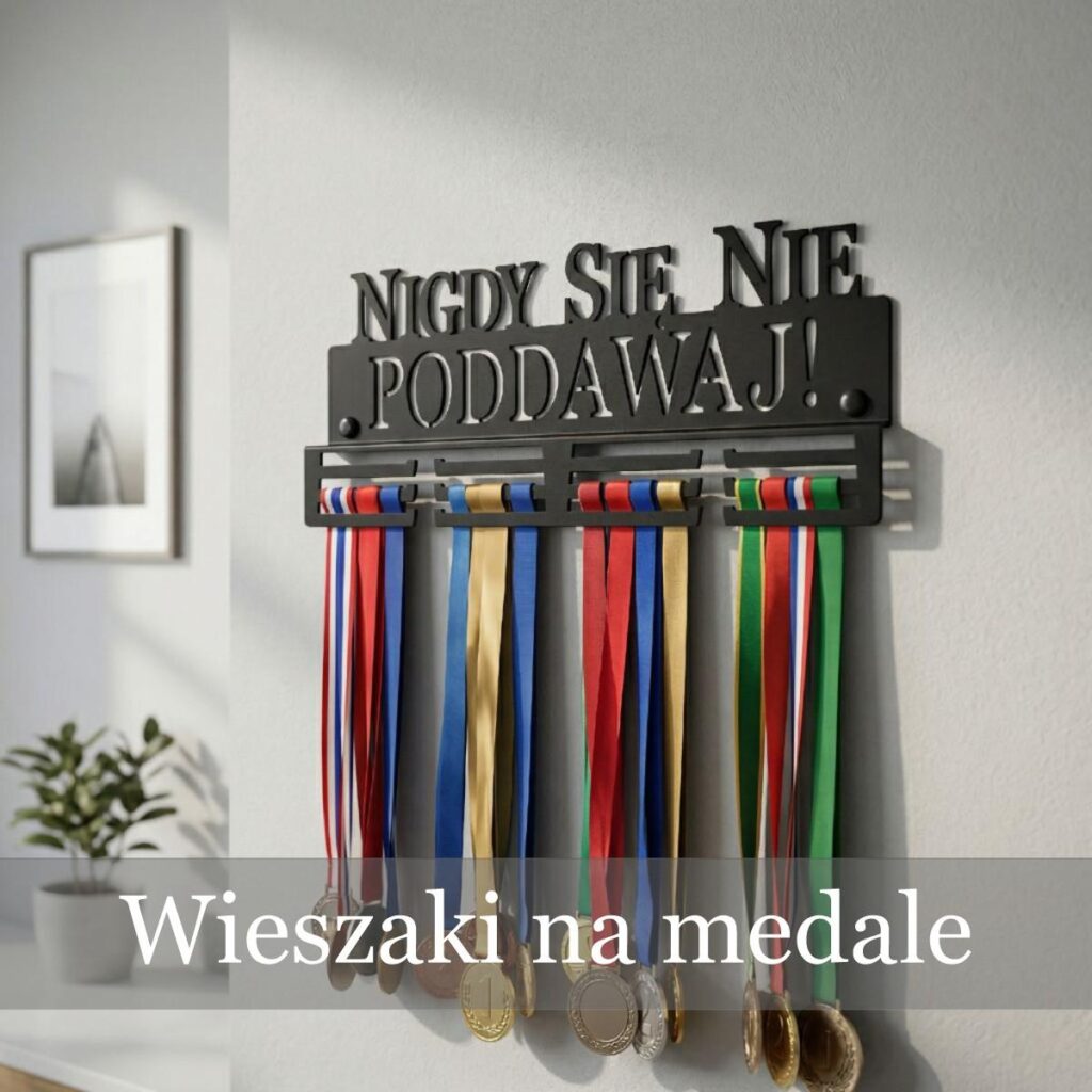 Stalowy czarny wieszak na medale z motywacyjnym napisem Nigdy się nie poddawaj, zawieszony na ścianie z kolorowymi medalami.