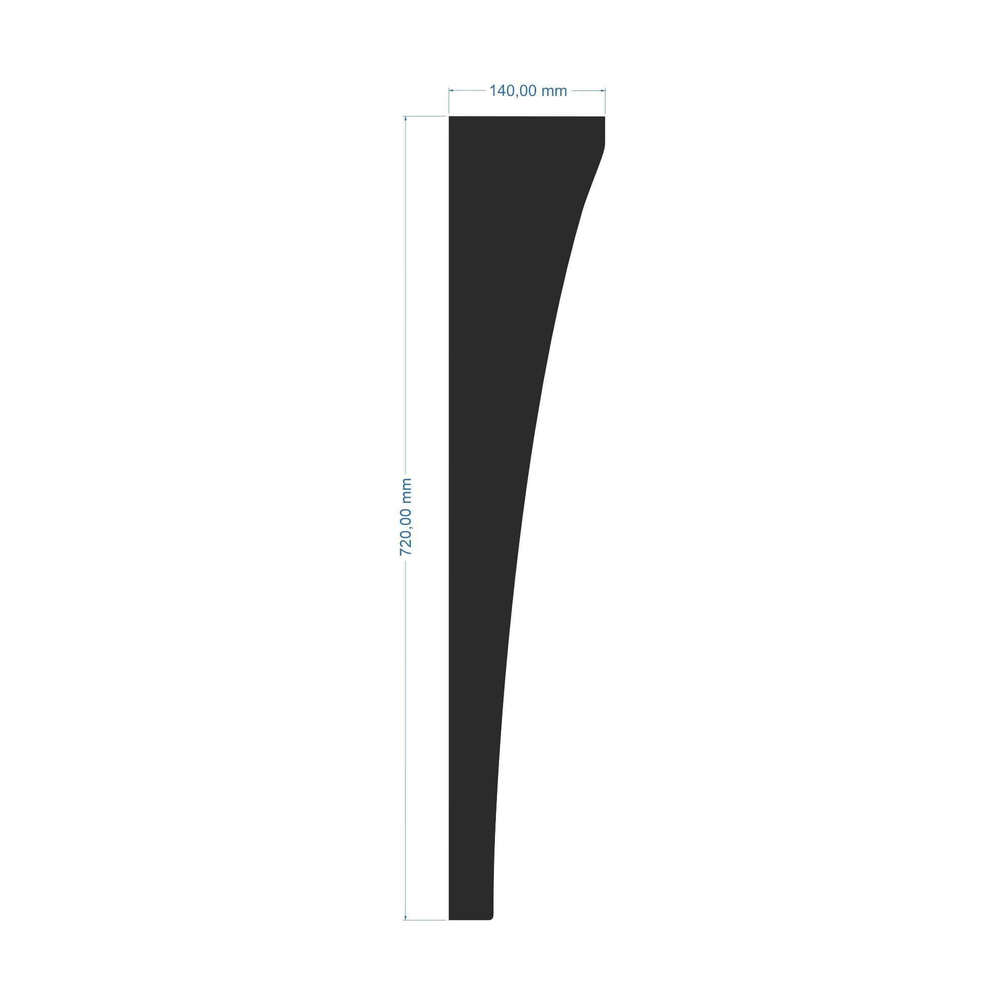 Rysunek techniczny czarnej nogi stalowej Boston do stołu wskazujący wysokość 720 mm oraz platformę 140 mm.