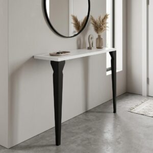 Wysoka konsola do przedpokoju loft nogi Chicago 90cm Wysoka wąska konsola korytarzowa z białym blatem i czarnymi metalowymi nogami Chicago 90 cm pod okrągłym lustrem.