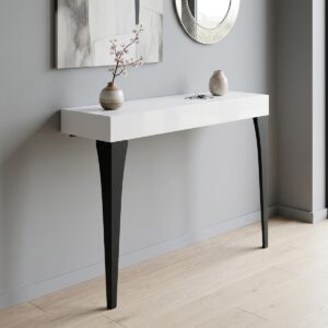Wysoka konsola korytarzowa loft nogi Boston 90cm Wysoka wąska konsola do przedpokoju z białym blatem i czarnymi metalowymi nogami Boston 90 cm stojąca przy szarej ścianie pod obrazem.