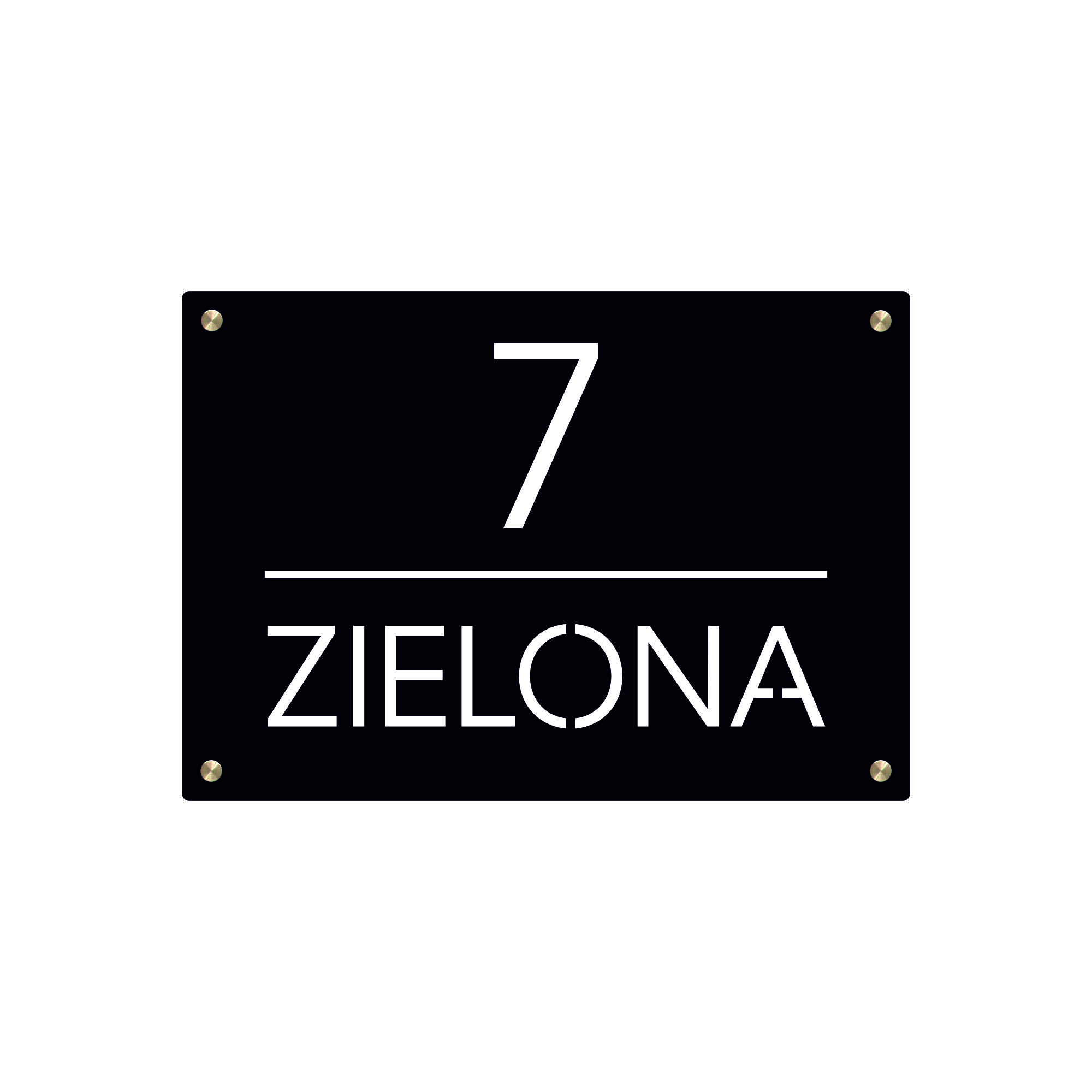 Projekt czarnej metalowej tabliczki adresowej Model Classic z numerem 7 i nazwą ulicy Zielona na białym tle