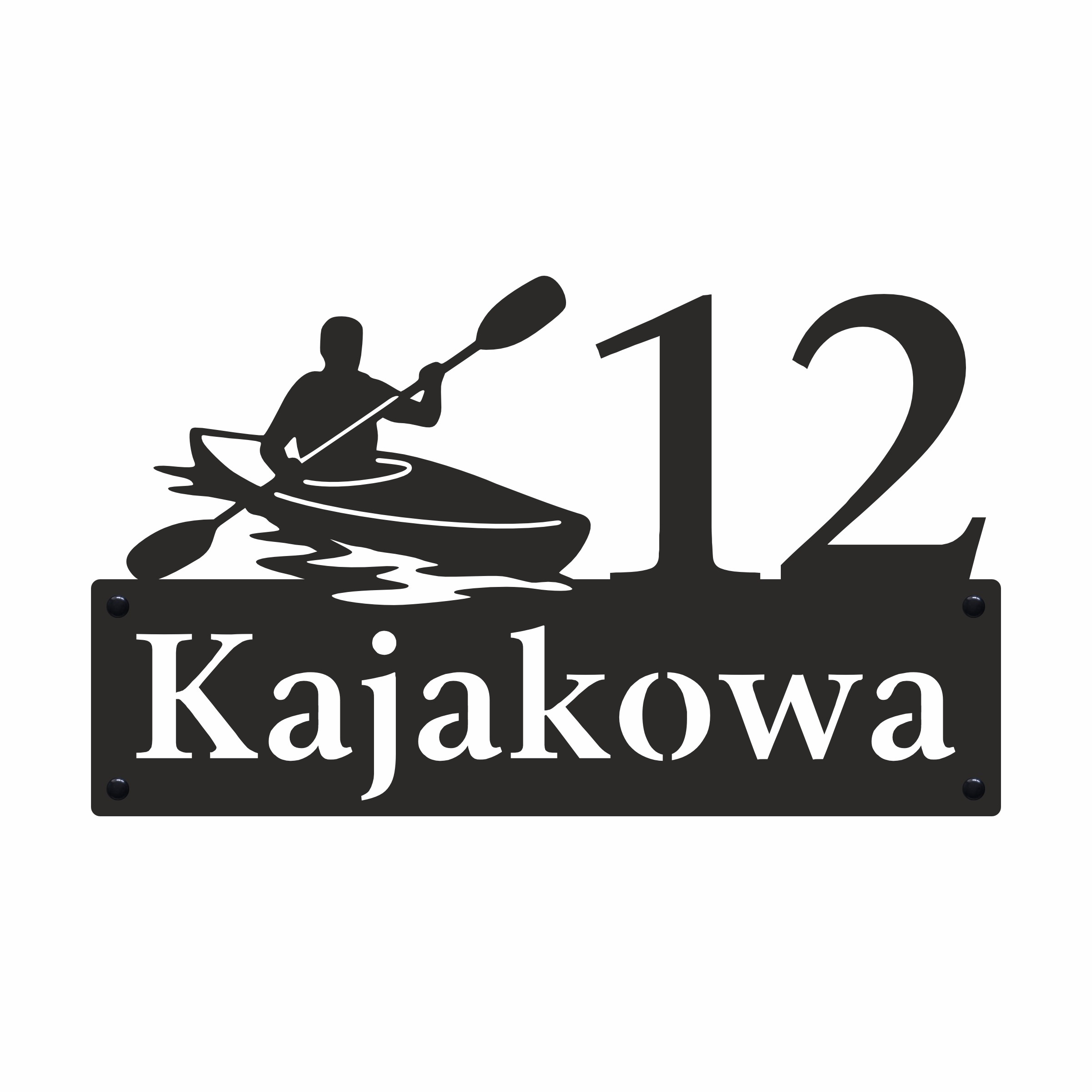 Czarna metalowa tabliczka adresowa ulica Kajakowa 12 z wyciętym laserowo motywem kajakarza w kajaku.