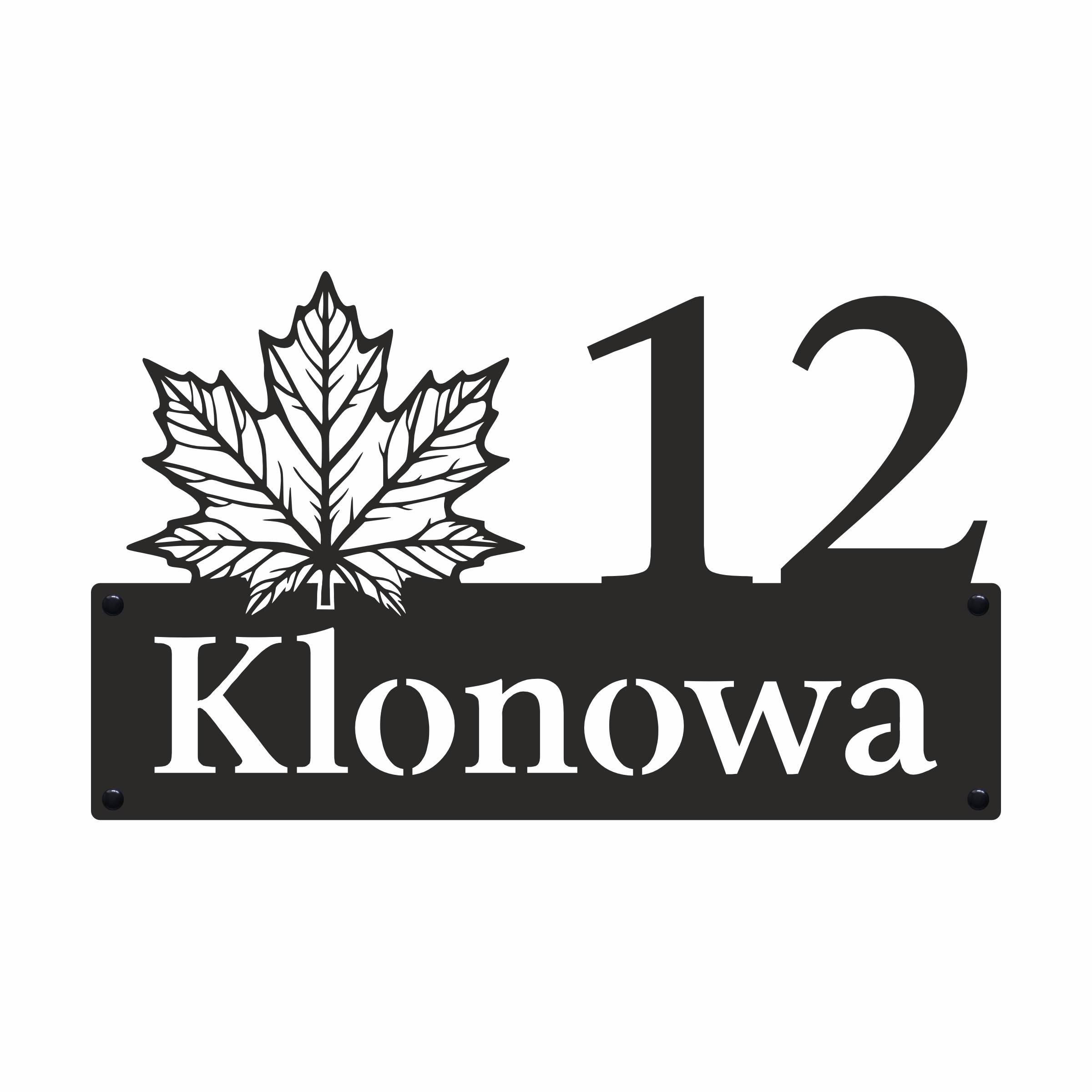 Tabliczka adresowa ulica Klonowa z liściem klonu i numerem 12 na białym tle
