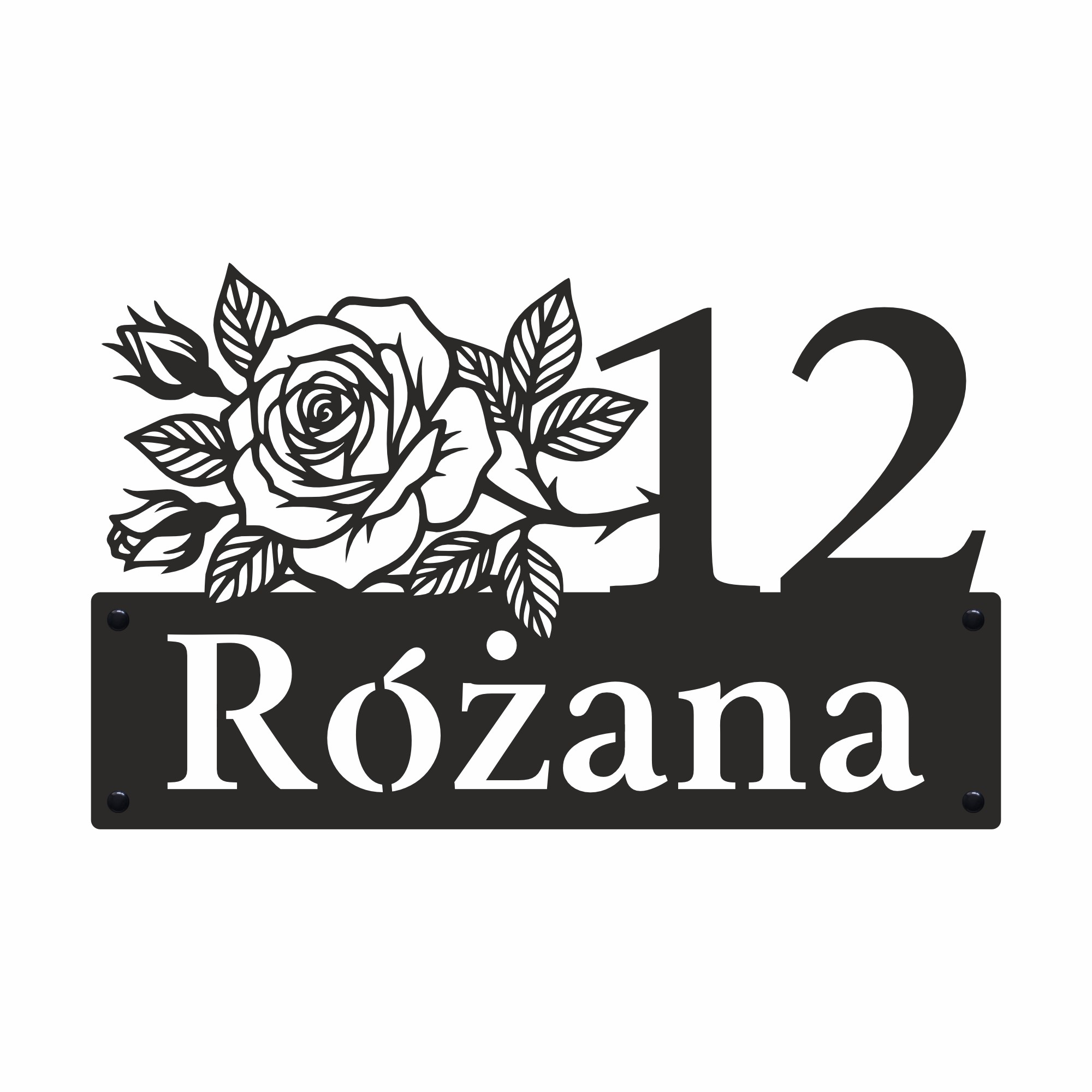Metalowa tabliczka adresowa z różą, numerem 12 i napisem Różana na białym tle